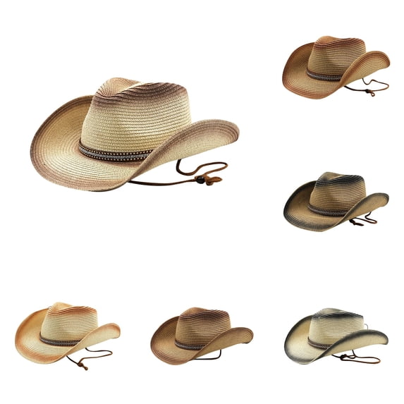XIAOCHA Mens GradientâWeave Rivetâ Cowboy Hat ChinâStrap Western Hats HorseâRiding Travel Straw Cowboy Hat,Coffee