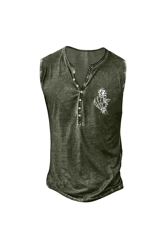 Mens Graphic Printed Tank Top Henley Neck Sleeveless Casual Muscle Vintage Tee Shirt