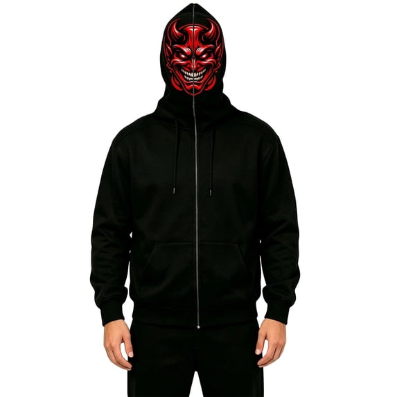 XIAOCHA Mens Halloween Hooded Sweatshirt Red Demon Face Mask Graphic Hoodies Sweatshirt, Red, Sizes XXXL