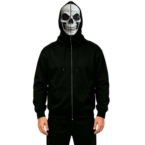 XIAOCHA Mens Halloween Hooded Sweatshirt Skull Face Mask Graphic Hoodies Sweatshirt, Black, Sizes L
