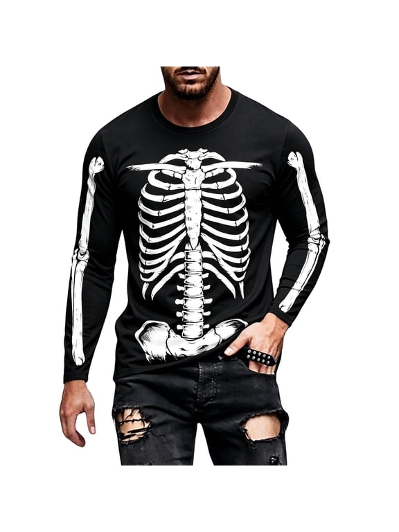 Mens Halloween Skeleton Print T Shirt Long Sleeve Crew Neck Ribcage Graphic Pullover Top, White, Sizes L