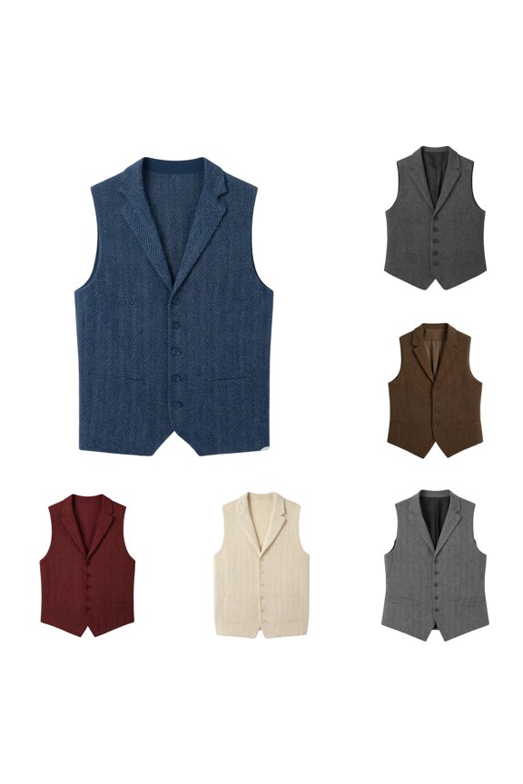 Mens Herringbone Pattern Vest Slim Fit Turn-Down Collar Daily Formal Waistcoat