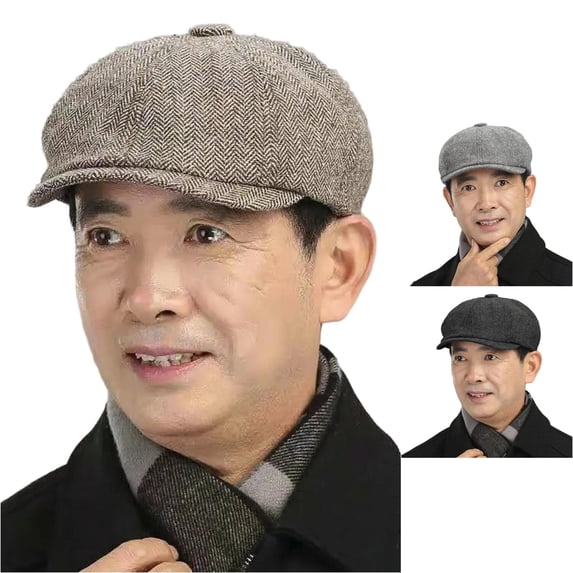 XIAOCHA Mens Herringbone Textured Flat Cap Solid Close‑Fit Flat Caps Urban Stroll Flat Hat,Khaki