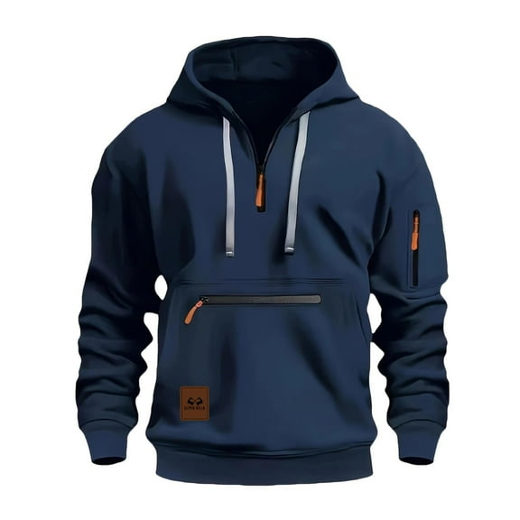 XIAOCHA Mens Hoodies Long Sleeves Slim Fit Pullover Half Zipper Hooded Sweatshirt Solid Color Zipper Pocket Trendy Drawstring Hoodie Top Navy