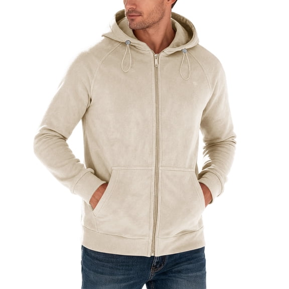 XIAOCHA Mens Hoodies Loose Long Sleeve Solid Color Full Zip Hooded Jacket Kangaroo Pocket Oversized Drawstring Hoodie Coat Streetwear Beige