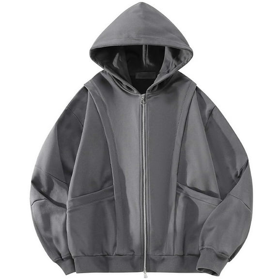 XIAOCHA Mens Hoodies Oversized Pockets Trendy Full Zip Hooded Sweatshirt Solid Color Loose Fi Long Sleeves Hoodie Casual Daily Wear Dark Gray