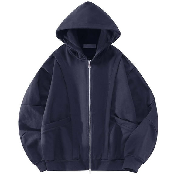 XIAOCHA Mens Hoodies Oversized Pockets Trendy Full Zip Hooded Sweatshirt Solid Color Loose Fi Long Sleeves Hoodie Casual Daily Wear Navy