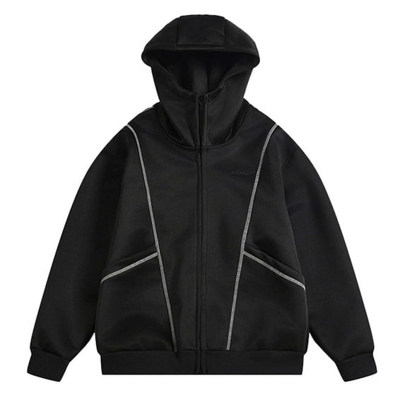 XIAOCHA Mens Hoodies Reflective Stripes Long Sleeve Solid Color Zip Up Hooded Jacket Loose Fit Simple Oversized Streetwear Top Black