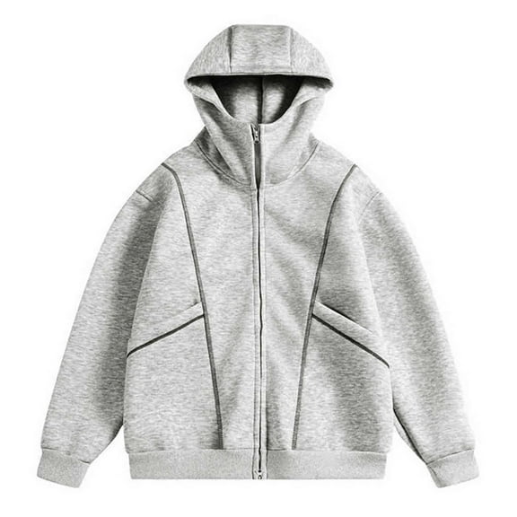 XIAOCHA Mens Hoodies Reflective Stripes Long Sleeve Solid Color Zip Up Hooded Jacket Loose Fit Simple Oversized Streetwear Top Light Gray