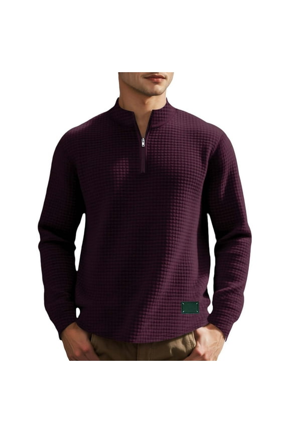 Mens Hoodies Stylish Textured Half Zip Classic Waffle Knit Pattern Tops Vinyage Solid Color Casual Business Meetings Sweater