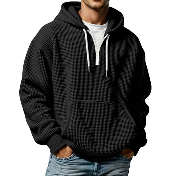 XIAOCHA Men Hoodies Waffle Knit Drawstring Quarter Zip Pullover Hooded Sweatshirt Kangaroo Pocket Long Sleeve Oversized Hoodie Sport Top