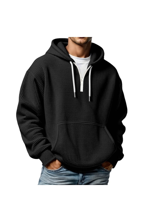 Men Hoodies Waffle Knit Drawstring Quarter Zip Pullover Hooded Sweatshirt Kangaroo Pocket Long Sleeve Oversized Hoodie Sport Top