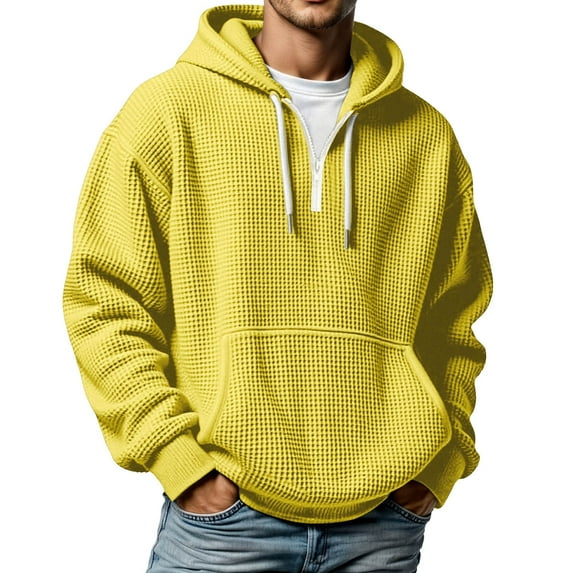 XIAOCHA Mens Hoodies Waffle Knit Half-Zip Drawstring Hooded Sweatshirts Loose Fit Long Sleeve Solid Color Oversized Streetwear Yellow