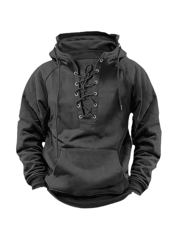 Mens Lace-Up Front Hoodie Kangaroo Pocket Drawstring Hooded Top Casual -Inspired Retro Hoodies