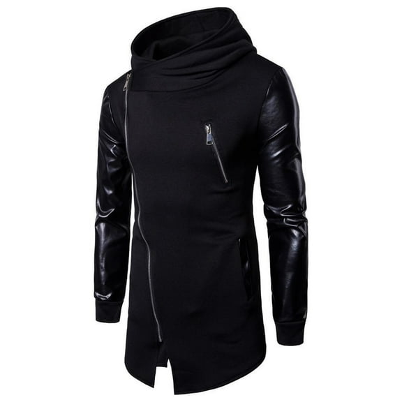 XIAONU Mens Leather Hoodies Slim Fit Asymmetric Zip Hooded Jacket Stretch Breathable Streetwear Hoodie Black L