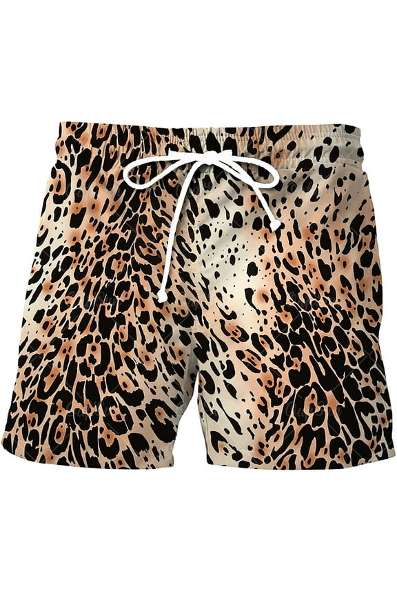 Mens Leopard Print Swim Trunks Relaxed Fit Mini Length Drawstring Waist Board Shorts Quick Dry Bold Beach Shorts