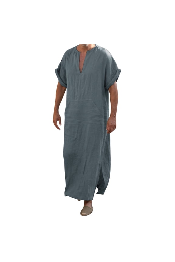 Mens Linen Blend Kaftan Robe Short Sleeve Notch Neck Loose Fit Casual Loungewear