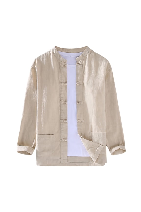 Mens Linen Frog Button Shirt Long Sleeve Stand Collar Button Up Shirt Breathable Traditional Ethnic Shirts