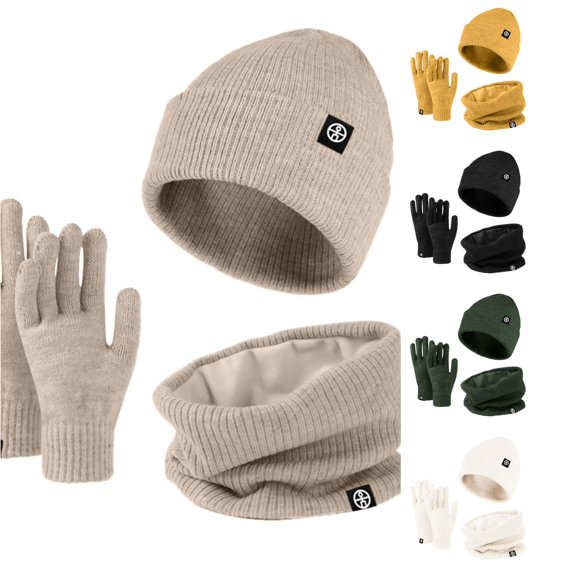 XIAOCHA Mens Minimal‑Patch Rib‑Knit Beanie Solid Outdoor Hiking Neck‑Gaiter Fall Winter Knit‑Gloves,Khaki