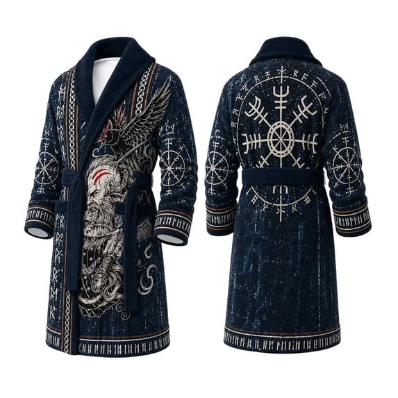 XIAOCHA Mens Norse Warrior Raven Print Robe Shawl Collar Tie Waist Long Sleeve Bathrobe Nightgown