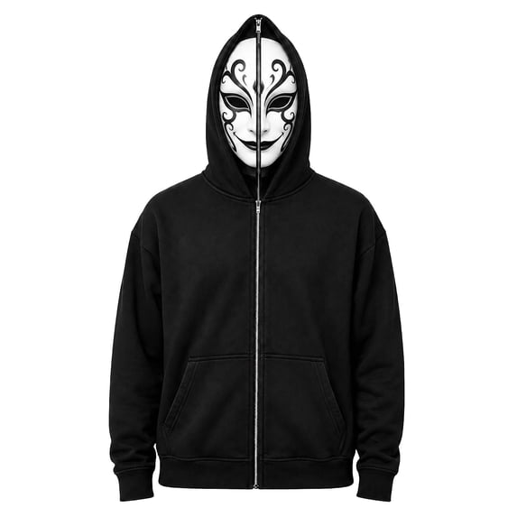 XIAOCHA Mens Oversized Halloween Hoodie Zipper‑Face Hood Ornate Swirl Mask Inner Graphic Hoodies Sweatshirt, Black, Sizes L