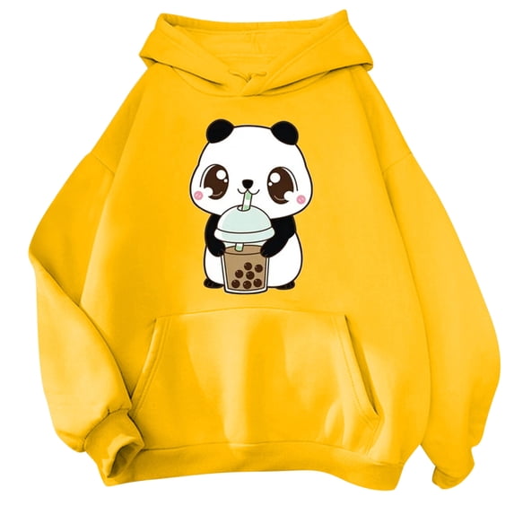 XIAOCHA Mens Panda Boba Print Hoodie Oversized Long Sleeve Hooded Pullover Top Cozy Playful Casual Hoodies