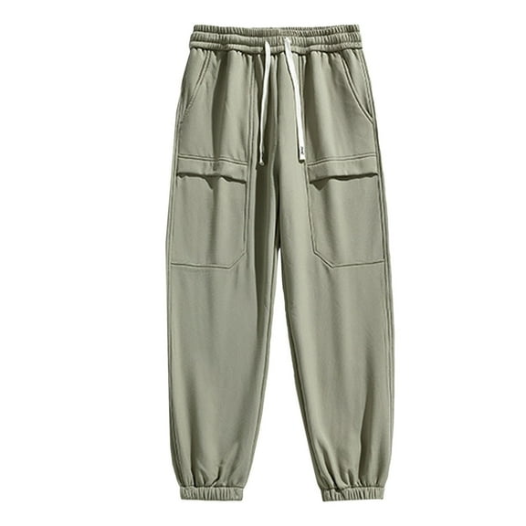 XIAOCHA Mens Pants High Waisted Drawstring Pants Solid Color Multiple Cargo Pocket Loose Tapered Leg Daily Wear Pants