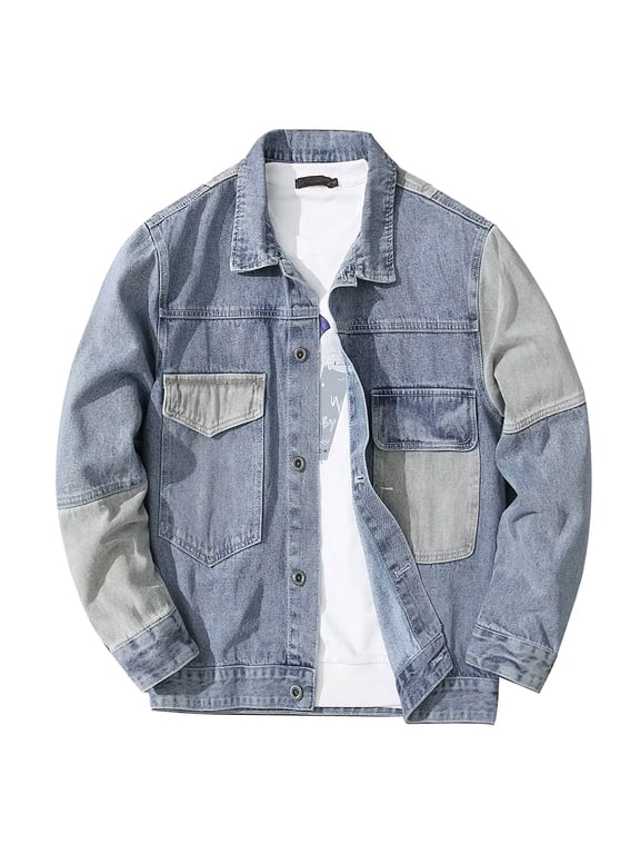 Mens Patchwork Denim Jacket Turn-Down Collar Regular Fit Outdoor Long Sleeve Outer Coat