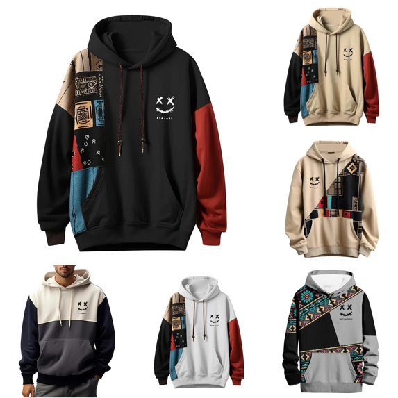 XIAOCHA Mens Patchwork Graphic Pullover Hoodie Relaxed Fit Fall Casual Hoodies
