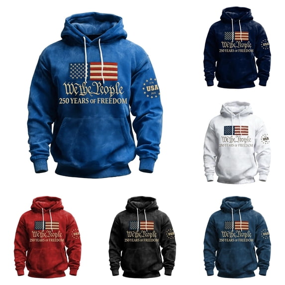 XIAOCHA Mens Patriotic Flag Hoodie Vintage USA Letter Print Pullover Top Freedom Theme Hooded Sweatshirt, Blue, Sizes M