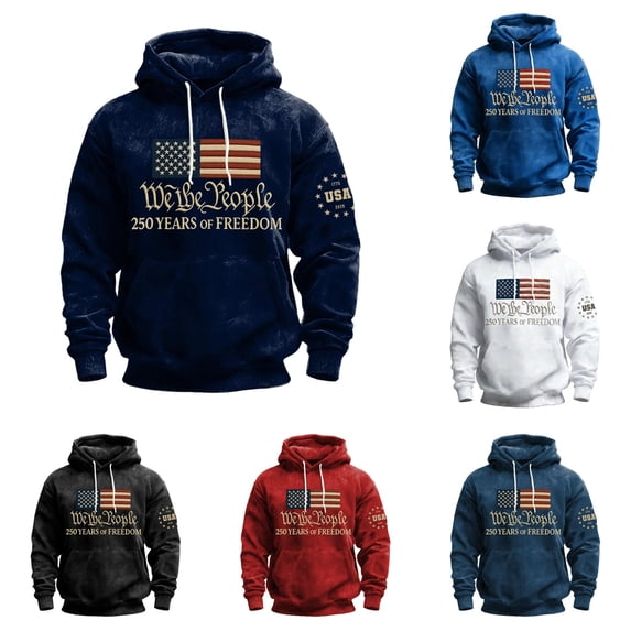 XIAOCHA Mens Patriotic Flag Hoodie Vintage USA Letter Print Pullover Top Freedom Theme Hooded Sweatshirt, Dark Blue, Sizes M