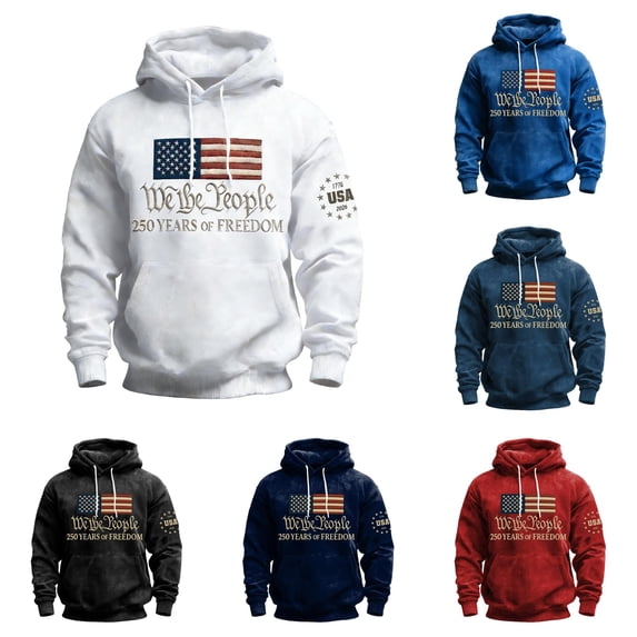 XIAOCHA Mens Patriotic Flag Hoodie Vintage USA Letter Print Pullover Top Freedom Theme Hooded Sweatshirt, White, Sizes L
