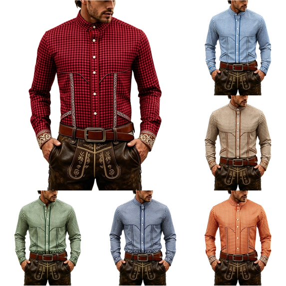 XIAOCHA Mens Plaid Print Button Down Shirt Long Sleeve Bavarian Oktoberfest Button-Up Top