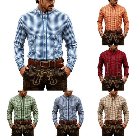XIAOCHA Mens Plaid Print Button Down Shirt Long Sleeve Bavarian Oktoberfest Button-Up Top