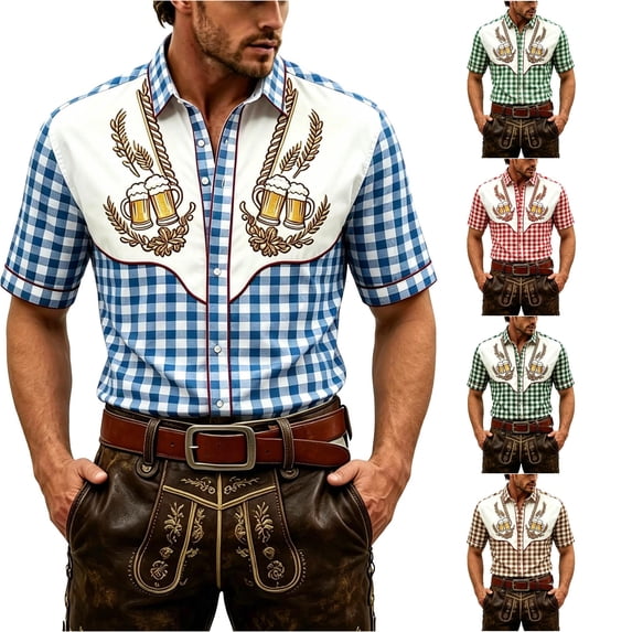 XIAOCHA Mens Plaid Print Button-Up Shirt Short Sleeve Tops Bavarian Oktoberfest Button Down Top