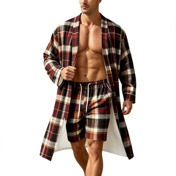 XIAOCHA Mens Plaid Print Robe Set Open Front Long Sleeve Bathrobe Short Pant Nightwear