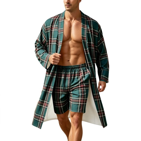 XIAOCHA Mens Plaid Print Robe Set Open Front Long Sleeve Bathrobe Short Pant Nightwear