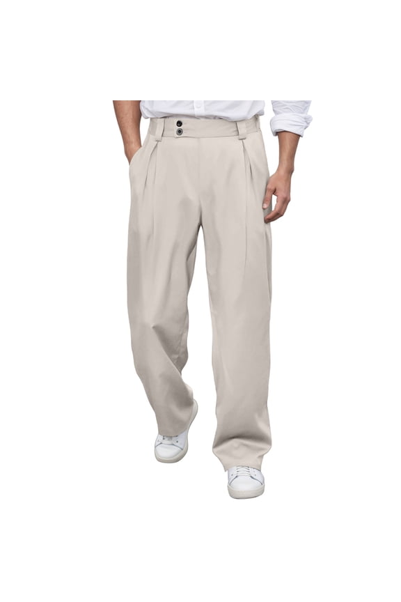 Mens Pleated Front Dress Pant Wide Leg Full Length Button Waist Trouser Smooth Minimalist office Pants