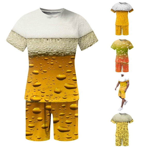 XIAOCHA Mens Print Shorts Set Short Sleeve Crew Neck Casual Sets Oktoberfest Halloween Wear,Gold,Sizes L