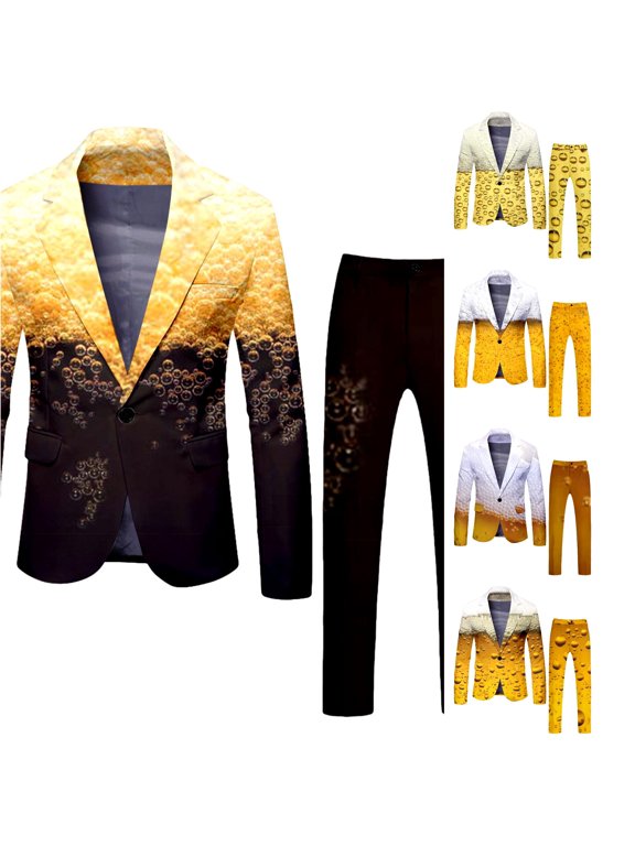 Mens Printed Suit Set Pattern Blazer Pants Oktoberfest Casual Party Tuxedo Outfit Set,Light Yellow,Sizes S