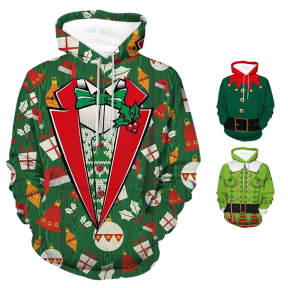 XIAOCHA Mens Pullover Hoodie Christmas Elf 3D Printed Sweatshirts Holiday Party Hooded Sweatshirt, Red, Sizes XXL