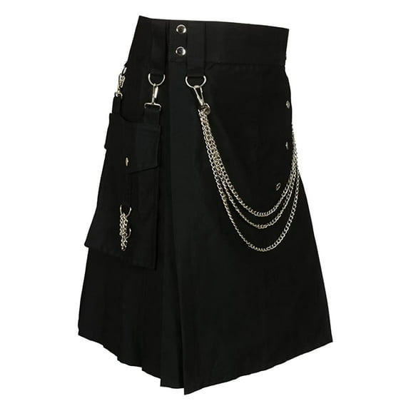 XIAOCHA Mens Punk Kilt Skirt High Waist Snap Chain Pleated Skirt Loose-Fit Edgy Streetwear Short SkirtsBlackXL