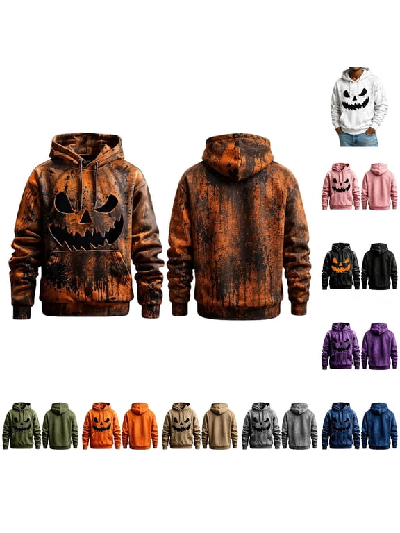 Mens Relaxed Halloween Hooded Sweatshirt Jack O Lantern Patch Graphic Hoodies Sweatshirt, Brown, Sizes M