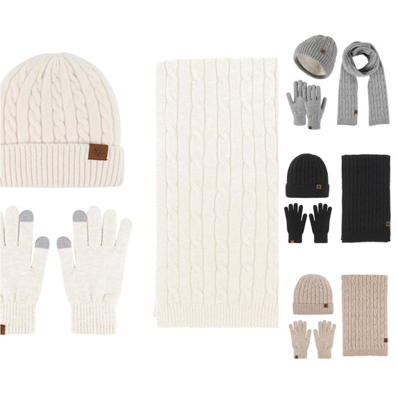 XIAOCHA Mens Rib‑Knit Patch‑Label Beanie Solid Outdoor Commute Neck‑Gaiter Fall Winter Touch‑Screen Gloves,Beige