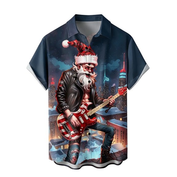 XIAOCHA Mens Rock Santa Claus Short Sleeve Shirt Electric Guitar City Night Christmas Casual Top