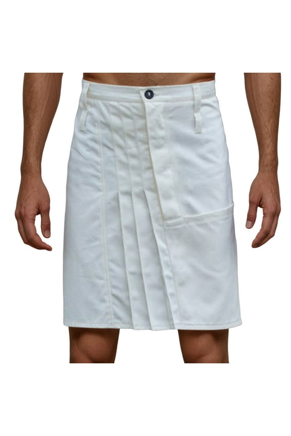 Mens Scottish Pleated Skirt Loose Button Waist Short Skirts Comfy Breathable formal SkirtWhiteXXXXL