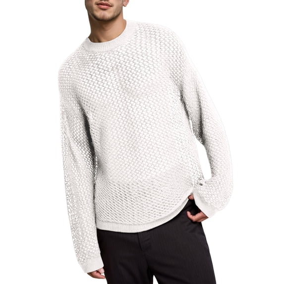 XIAOCHA Mens Sheer Mesh Knit Sweater Long Sleeve Crew Neck Pullover Sweater Breathable Edgy Streetwear Sweaters
