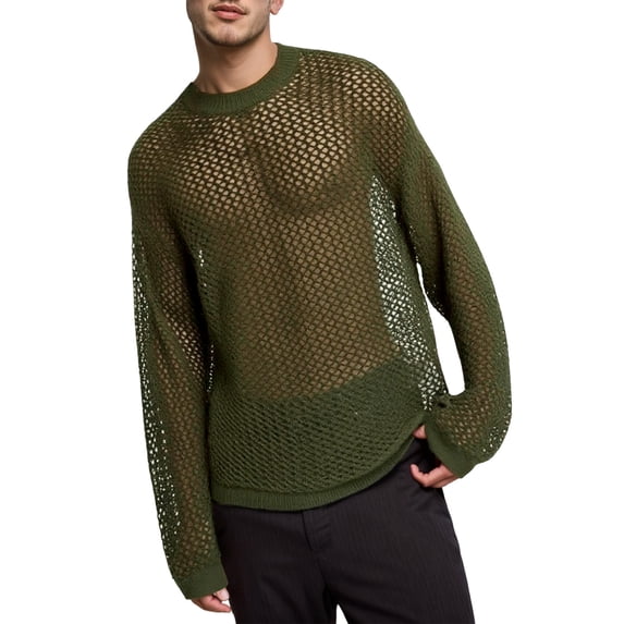 XIAOCHA Mens Sheer Mesh Knit Sweater Long Sleeve Crew Neck Pullover Sweater Breathable Edgy Streetwear Sweaters