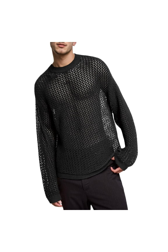 Mens Sheer Mesh Knit Sweater Long Sleeve Crew Neck Pullover Sweater Breathable Edgy Streetwear Sweaters