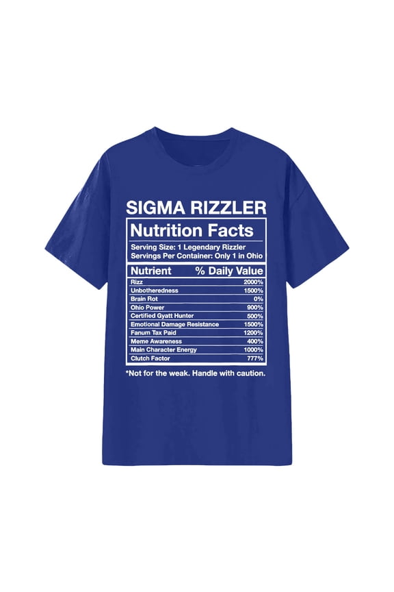Mens Sigma Rizzler Graphic Tee Crew Neck Nutrition Facts Print T Shirt Lightweight Humorous Streetwear Hangout Top